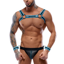 Lade das Bild in den Galerie-Viewer, Herren Harness Jock Set M-2XL mit Armfesseln blau-schwarz &quot;Riley&quot;
