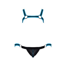 Lade das Bild in den Galerie-Viewer, Herren Harness Jock Set M-2XL mit Armfesseln blau-schwarz &quot;Riley&quot;
