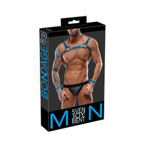 Lade das Bild in den Galerie-Viewer, Herren Harness Jock Set M-2XL mit Armfesseln blau-schwarz &quot;Riley&quot;
